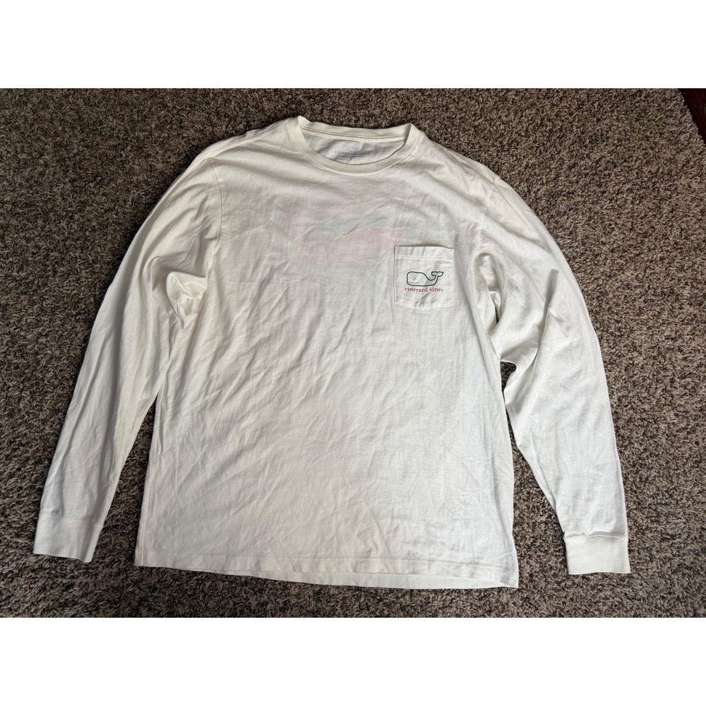 Vineyard Vines Mens White Holiday 2016 Santa Whale Long Sleeve Pocket T-Shirt L